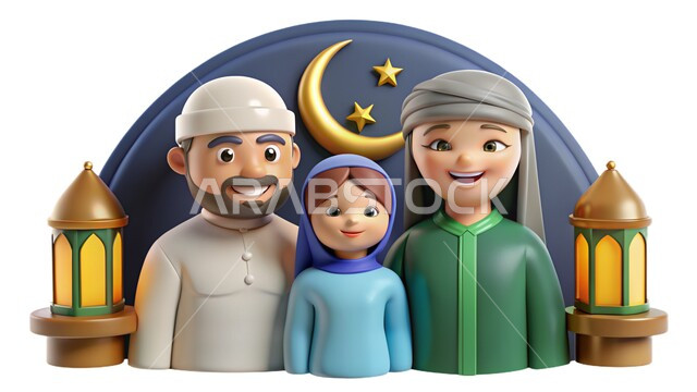اضاءة وفوانيس وزينة شهر الخير، رموز دينية اسلامية، قدوم شهر رمضان المبارك، رسم توضيحي ثلاثي الابعاد لعائلة مسلمة عربية خليجية سعودية ينظرون الى الكاميرا بإيماءات السعادة والسرور، الاحتفال بالأجواء الرمضانية الروحانية، خلفية بيضاء