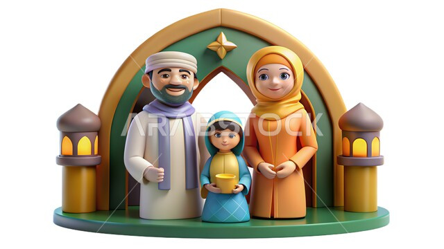 زينة وفوانيس واضاءة شهر الخير، رموز دينية اسلامية، قدوم شهر رمضان المبارك، رسم توضيحي ثلاثي الابعاد لعائلة مسلمة عربية خليجية سعودية ينظرون الى الكاميرا بإيماءات السعادة والسرور، الاحتفال بالأجواء الرمضانية الروحانية، خلفية بيضاء