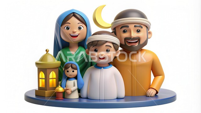 رموز دينية اسلامية، قدوم شهر رمضان المبارك، رسم توضيحي ثلاثي الابعاد لعائلة مسلمة عربية خليجية سعودية ينظرون الى الكاميرا بإيماءات السعادة والسرور، فوانيس وزينة واضاءة شهر الخير، الاحتفال بالأجواء الرمضانية الروحانية، خلفية بيضاء
