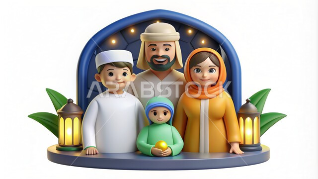 قدوم شهر رمضان المبارك، رسم توضيحي ثلاثي الابعاد لعائلة مسلمة عربية خليجية سعودية ينظرون الى الكاميرا بإيماءات السعادة والسرور، رموز دينية اسلامية، فوانيس وزينة واضاءة شهر الخير، الاحتفال بالأجواء الرمضانية الروحانية، خلفية بيضاء