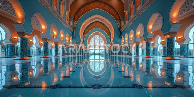 الفن الهندسي المعماري لممر مسجد عربي عريق،  النقوش والزخارف للاعمدة والاقواس على الطراز الاسلامي، التصاميم والديكورات الداخلية الأنيقة للمساجد، العبادة والتقرب إلى الله تعالى