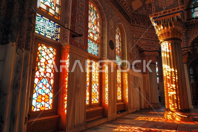العبادة والتقرب إلى الله تعالى، التصاميم والديكورات الداخلية الأنيقة للمساجد، الزخارف والنقوش لنوافذ الجامع على الطراز الاسلامي، الفن الهندسي المعماري لممر مسجد عربي عريق