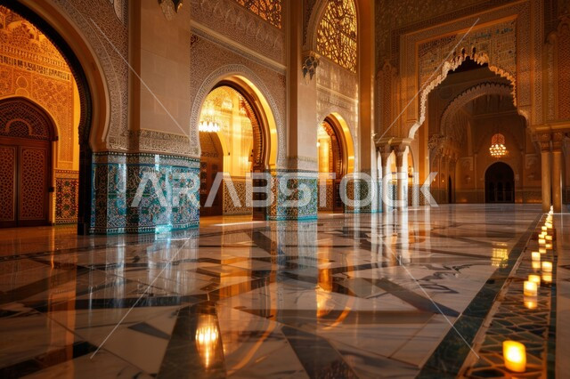 التصاميم والديكورات الداخلية الأنيقة للمساجد، الزخارف والنقوش للاعمدة والاقواس على الطراز الاسلامي، الفن الهندسي المعماري لممر مسجد عربي عريق، العبادة والتقرب إلى الله تعالى