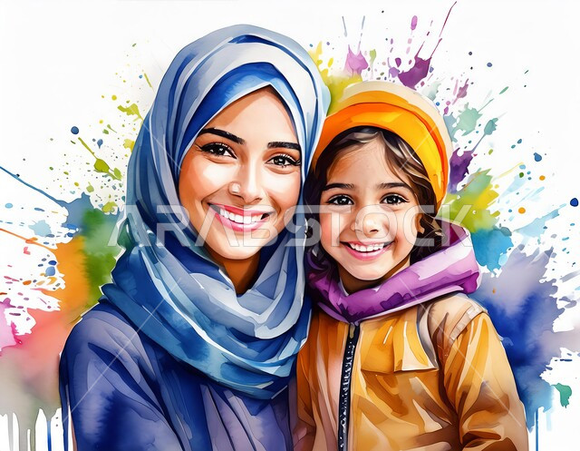 ايماءات السعادة والسرور والنظر الى الكاميرا، مشاعر الأمان والحب مع العائلة، العاطفة عند الأمهات، رسومات كرتونية ثلاثي الأبعاد لامرأة عربية خليجية سعودية محجبة تحضن ابنتها بحب وحنان، خلفية بيضاء