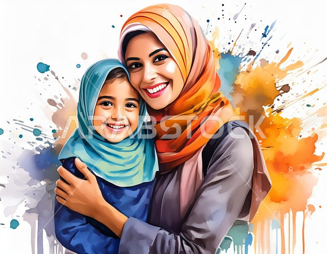 مفهوم الإهتمام بالأبناء على طريق و نور الإسلام، ايماءات وتعابير الحب و الحنان، رسومات كرتونيه ثلاثية الابعاد لأم عربيه سعوديه خليجيه مع إبنتها ترتديان الحجاب الاسلامي، امرأه مسلمه تقوم بحضن وضم ابنتها ، خلفيه بيضاء