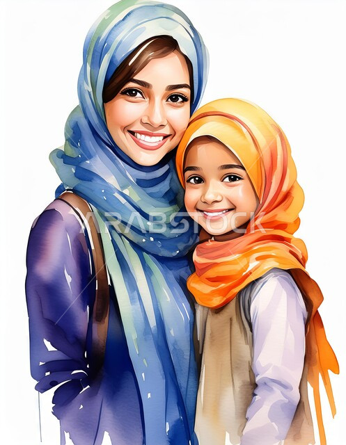 ايماءات وتعابير الحب و الحنان، رسومات كرتونيه ثلاثية الابعاد لأم عربيه سعوديه خليجيه مع إبنتها ترتديان الحجاب الاسلامي، مفهوم الإهتمام بالأبناء على طريق و نور الإسلام، امرأه مسلمه تقوم بحضن وضم ابنتها ، خلفيه بيضاء