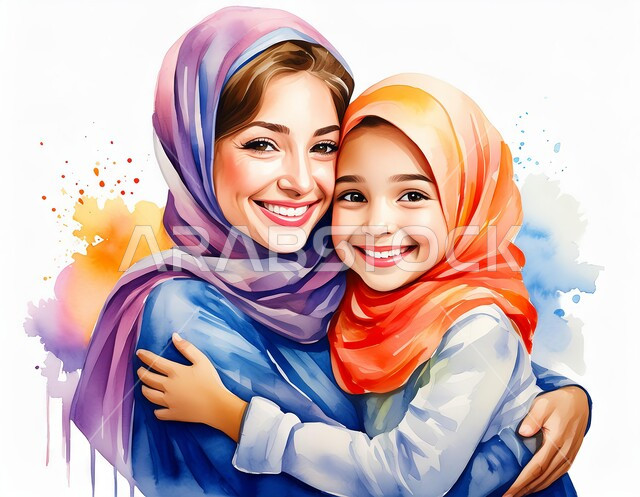 تعابير وايماءات الحب و الحنان، رسومات كرتونيه ثلاثية الابعاد لأم عربيه سعوديه خليجيه مع إبنتها ترتديان الحجاب الاسلامي، مفهوم الإهتمام بالأبناء على طريق و نور الإسلام، امرأه مسلمه تقوم بحضن وضم ابنتها ، خلفيه بيضاء