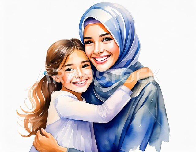  النظر الى الكاميرا بايماءات السعادة والسرور، مشاعر الأمان والحب مع العائلة، العاطفة عند الأمهات، رسومات كرتونية ثلاثي الأبعاد لامرأة عربية خليجية سعودية محجبة تحضن ابنتها بحب وحنان، خلفية بيضاء