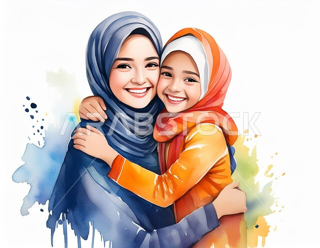 مفهوم الإهتمام بالأبناء على طريق و نور الإسلام، التربيه بالحب و الحنان، رسوم كرتونيه ثلاثية الابعاد لأم عربيه سعوديه خليجيه مع إبنتها ترتديان الحجاب الاسلامي، امرأه مسلمه تقوم بحضن وضم ابنتها ، خلفيه بيضاء