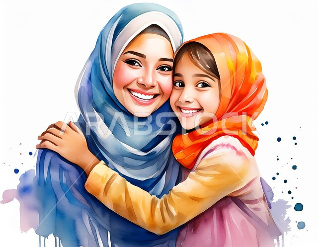 الاعتناء والإهتمام بالأبناء على طريق و نور الإسلام، التربيه بالحب و الحنان، رسوم كرتونيه ثلاثية الابعاد لأم عربيه سعوديه خليجيه مع إبنتها ترتديان الحجاب الاسلامي، امرأه مسلمه تقوم بحضن وضم ابنتها ، خلفيه بيضاء
