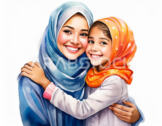 الإهتمام والاعتناء بالأبناء على طريق و نور الإسلام، التربيه بالحب و الحنان، رسوم كرتونيه ثلاثية الابعاد لأم عربيه سعوديه خليجيه مع إبنتها ترتديان الحجاب الاسلامي، امرأه مسلمه تقوم بحضن وضم ابنتها ، خلفيه بيضاء