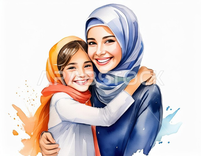 التربيه بالحب و الحنان، الإهتمام والاعتناء بالأبناء على طريق و نور الإسلام، رسوم كرتونيه ثلاثية الابعاد لأم عربيه سعوديه خليجيه مع إبنتها ترتديان الحجاب الاسلامي، امرأه مسلمه تقوم بحضن وضم ابنتها ، خلفيه بيضاء