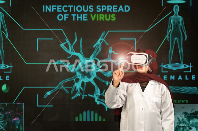 خاصية الهولوجرام ، طبيبة سعودية خليجية ذو خبرة عالية في مجال الطب البشري  ،تضع جهازVR Box،  استخدام تقنية الهولوجرام ثلاثية الابعاد ، صور تجسيمية خاصة بمجسمات الهياكل البشرية  و الاعضاء ، صور متحركة بأبعاد مختلفة ، تصوير ثلاثي الابعاد للأجسام