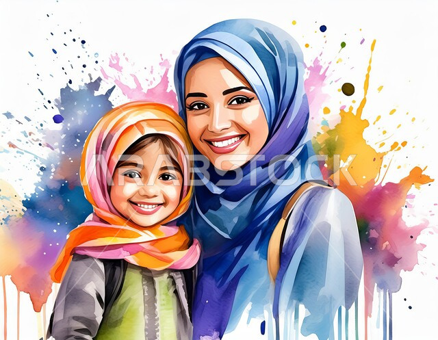 التجهز للعام الدراسي الجديد, إيصال الأبناء الى المدرسة, رسوم كرتونية ثلاثية الأبعاد لأم عربية خليجية سعودية محجبة تعانق ابنتها بحب, فتاة ترتدي حقيبة الظهر المدرسية، رابط الأمومة والحنان والعاطفة, خلفية بيضاء