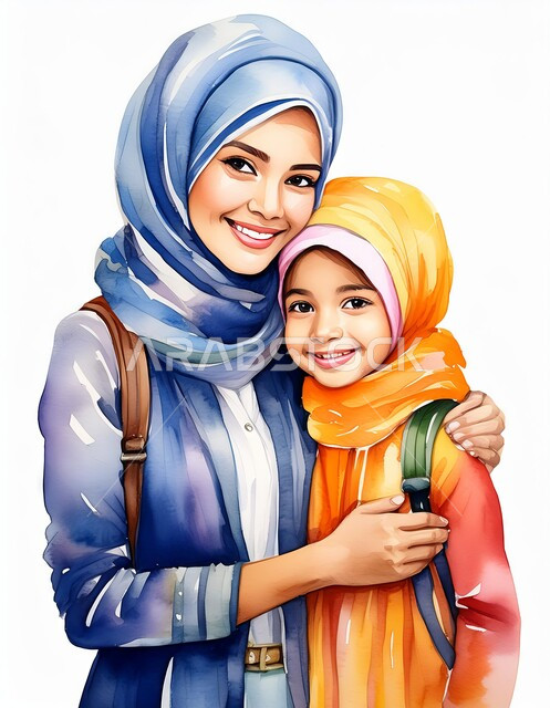 الاستعداد للعام الدراسي الجديد, إيصال الأبناء الى المدرسة, رسوم كرتونية ثلاثية الأبعاد لأم عربية خليجية سعودية محجبة تعانق ابنتها بحب, فتاة ترتدي حقيبة الظهر المدرسية، رابط الأمومة والحنان والعاطفة, خلفية بيضاء