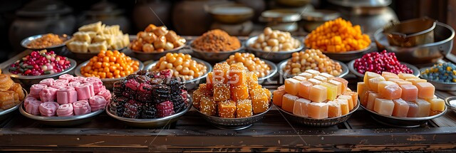 حلويات من المطبخ السعودي, وصفات طعام لذيذة، صورة بانورامية للحلويات عربية تقليدية, فن اعداد و عرض المنتجات، المأكولات العربية الشعبية، تقديم الحلا في المناسبات والأعياد