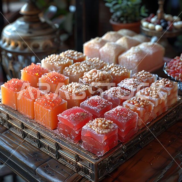 The art of preparing and displaying products, popular Arabic foods, sweets from Saudi cuisine, serving sweets on occasions and holidays, delicious food recipes, traditional Arabic sweets.