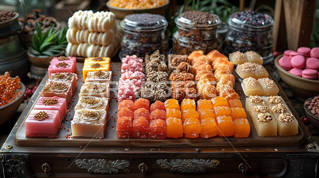 Popular Arabic foods, sweets from Saudi cuisine, serving sweets on special occasions and holidays, delicious food recipes, traditional Arabic sweets, the art of preparing and displaying products.