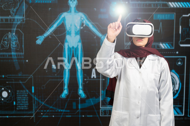 خاصية الهولوجرام ، طبيبة سعودية خليجية ذو خبرة عالية في مجال الطب البشري  ،تضع جهازVR Box،  استخدام تقنية الهولوجرام ثلاثية الابعاد ، صور تجسيمية خاصة بمجسمات الهياكل البشرية  و الاعضاء ، صور متحركة بأبعاد مختلفة ، تصوير ثلاثي الابعاد للأجسام