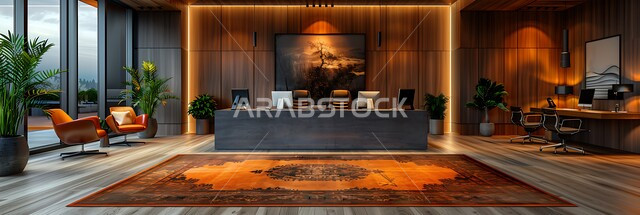 غرف مكتبية بتصاميم داخلية وديكورات مميزة، صورة بانورامية لغرفة استقبال مجهزة بأثاث فاخر، تصميم عصري حديث لمكتب في المملكة العربية السعودية, الاهتمام بنباتات الزينة الخضراء