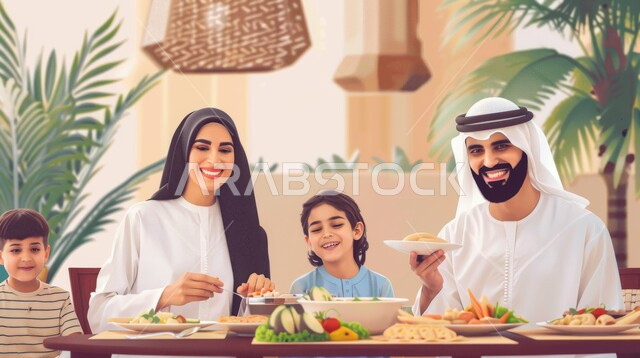 Spending enjoyable times with the family at home, gestures indicating happiness in a family atmosphere full of love, illustrations of a Saudi Gulf Arab family sitting at a dining table filled with various and delicious food and drinks, an iftar meal for the holy month of Ramadan