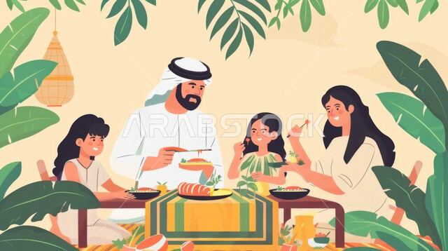 Spending enjoyable times with the family at home, gestures indicating happiness in a family atmosphere full of love, illustrations of a Saudi Gulf Arab family sitting at a dining table filled with various and delicious food and drinks, an iftar meal for the holy month of Ramadan