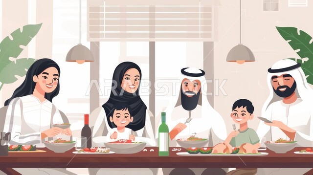 قضاء أوقات ممتعة مع الاسرة في المنزل، ايماءات تدل على السعادة بأجواء عائلية مليئة بالحب, رسوم توضيحية لعائلة عربية خليجية سعودية تجلس على مائدة الطعام المليئة بأصناف المأكولات والمشروبات المتنوعة والشهية, سفرة افطار شهر رمضان المبارك