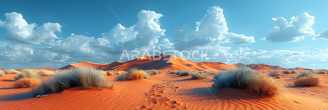  الرمال الذهبية الناعمة والكثبان في الصحراء، نمو النباتات في البراري في صحراء المملكة العربية السعودية,  صورة لأعشاب خضراء صغيرة وسط البيئة الصحراوية، سماء مليئة بالغيوم، ,خلفية طبيعية