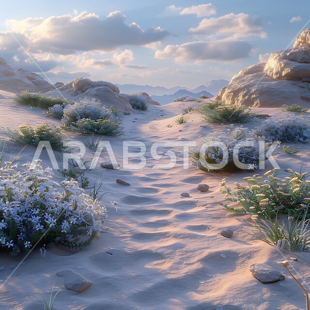  الرمال الذهبية الناعمة والكثبان في الصحراء، نمو النباتات في البراري في صحراء المملكة العربية السعودية,  صورة لأعشاب خضراء صغيرة وسط البيئة الصحراوية، سماء مليئة بالغيوم، ,خلفية طبيعية