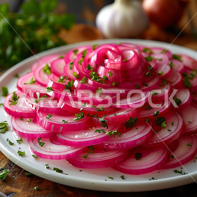 حلقات البصل الأحمر المقطعة المليئة بالفوائد والفيتامينات، جودة المنتجات و المحاصيل الزراعية الوطنية المحلية،  شرائح البصل المرتبة على طبق أبيض، الخضراوات الطازجة الشهية