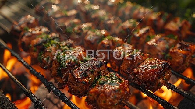 مطاعم للمأكولات العربية الشرقية, صورة مقربة للحوم والكبب والكفتة على أسياخ الشواء، وصفات اللحوم المشوية بنكهات سعودية متنوعة، أطعمة وأغذية صحية, وجبات لحم شهية ساخنة