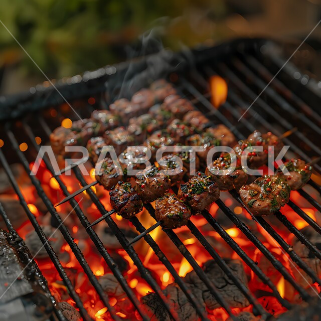 مطاعم للمأكولات العربية الشرقية, صورة مقربة للحوم والكبب والكفتة على أسياخ الشواء، وصفات اللحوم المشوية بنكهات سعودية متنوعة، أطعمة وأغذية صحية, وجبات لحم شهية ساخنة