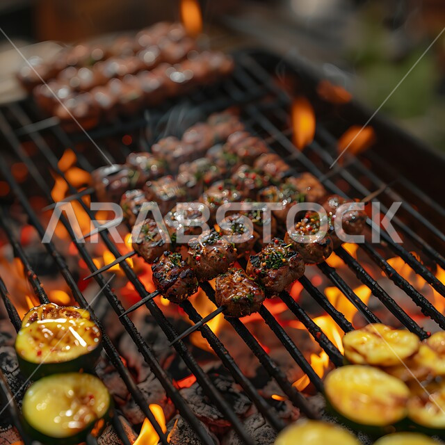 مطاعم للمأكولات العربية الشرقية, صورة مقربة للحوم والكبب والكفتة على أسياخ الشواء، وصفات اللحوم المشوية بنكهات سعودية متنوعة، أطعمة وأغذية صحية, وجبات لحم شهية ساخنة