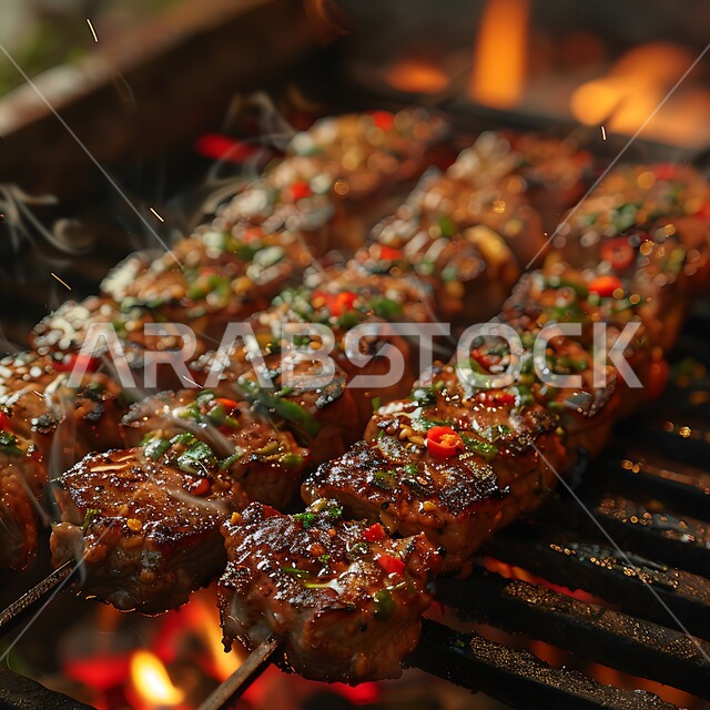 مطاعم للمأكولات العربية الشرقية, صورة مقربة للحوم والكبب والكفتة على أسياخ الشواء، وصفات اللحوم المشوية بنكهات سعودية متنوعة، أطعمة وأغذية صحية, وجبات لحم شهية ساخنة