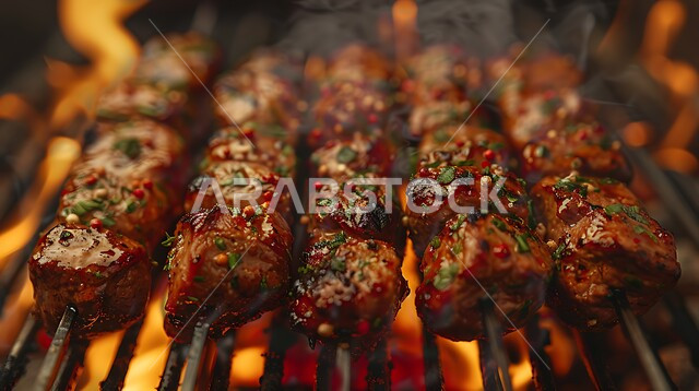 وصفات اللحوم المشوية بنكهات سعودية متنوعة، مطاعم للمأكولات العربية الشرقية, صورة مقربة للحوم والكبب والكفتة على أسياخ الشواء، أطعمة وأغذية صحية, وجبات لحم شهية ساخنة