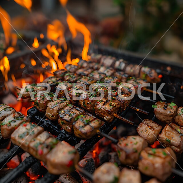 وصفات اللحوم المشوية بنكهات سعودية متنوعة، مطاعم للمأكولات العربية الشرقية, صورة مقربة للحوم والكبب والكفتة على أسياخ الشواء، أطعمة وأغذية صحية, وجبات لحم شهية ساخنة