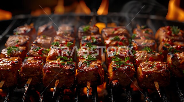 وصفات اللحوم المشوية بنكهات سعودية متنوعة، مطاعم للمأكولات العربية الشرقية, صورة مقربة للحوم والكبب والكفتة على أسياخ الشواء، أطعمة وأغذية صحية, وجبات لحم شهية ساخنة