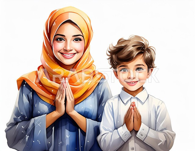 مفهوم الترحيب والسلام، ايماءات وجه ويدين تدل على الحمد والامتنان, بورتريه مقرب لامرأة عربية خليجية سعودية محجبة  يقف بجانبها ابنه، النظر الى الكاميرا بتعابير الشكر والتقدير، خلفية بيضاء