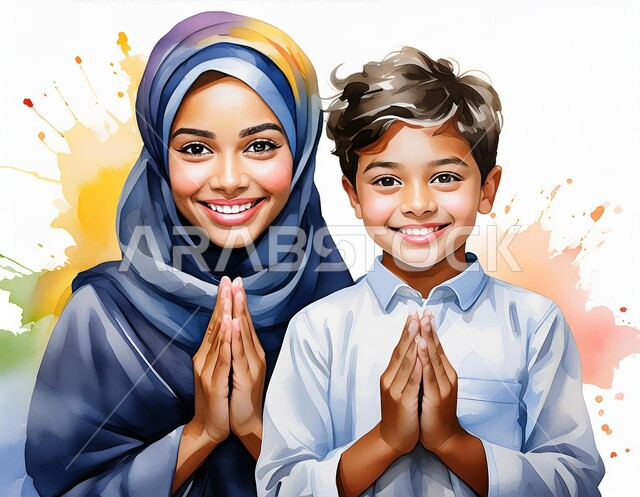 النظر الى الكاميرا بتعابير الشكر والتقدير، مفهوم الترحيب والسلام، ايماءات وجه ويدين تدل على الحمد والامتنان, بورتريه مقرب لامرأة عربية خليجية سعودية محجبة  يقف بجانبها ابنه، خلفية بيضاء