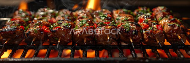 Eastern Arabic cuisine restaurants, grilled meat recipes with various Saudi flavors, a close-up photo of meat, kebabs and kofta on barbecue skewers, healthy foods and foods, delicious hot meat meals