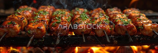 مطاعم للمأكولات العربية الشرقية, وصفات اللحوم المشوية بنكهات سعودية متنوعة،  صورة مقربة للحوم والكبب والكفتة على أسياخ الشواء، أطعمة وأغذية صحية, وجبات لحم شهية ساخنة