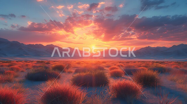 منظر غروب الشمس في صحراء المملكة العربية السعودية، نمو النباتات في البراري، الرمال الذهبية في صحراء، أعشاب خضراء صغيرة وسط البيئة الصحراوية، سماء مليئة بالغيوم، ,خلفية طبيعية