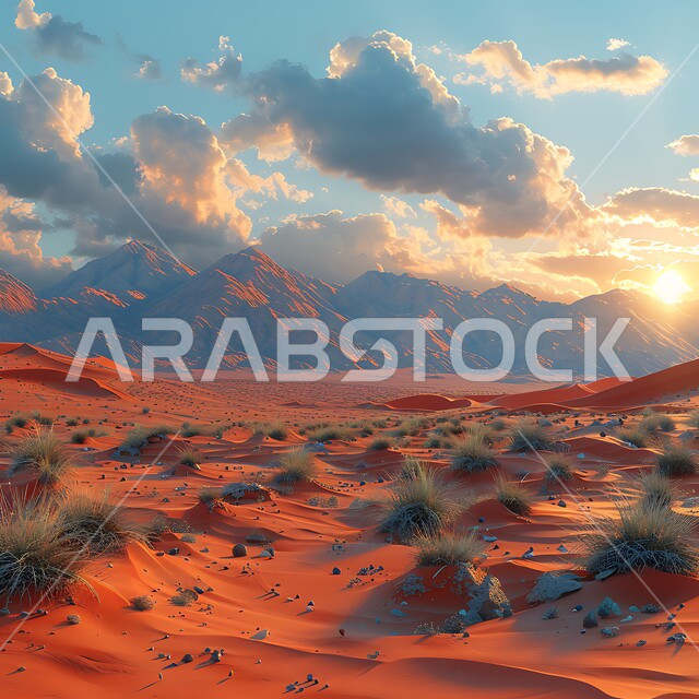 منظر غروب الشمس في صحراء المملكة العربية السعودية، نمو النباتات في البراري، الرمال الذهبية في صحراء، أعشاب خضراء صغيرة وسط البيئة الصحراوية، سماء مليئة بالغيوم، ,خلفية طبيعية