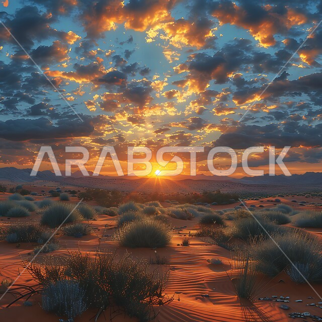 منظر غروب الشمس في صحراء المملكة العربية السعودية، نمو النباتات في البراري، الرمال الذهبية في صحراء، أعشاب خضراء صغيرة وسط البيئة الصحراوية، سماء مليئة بالغيوم، ,خلفية طبيعية