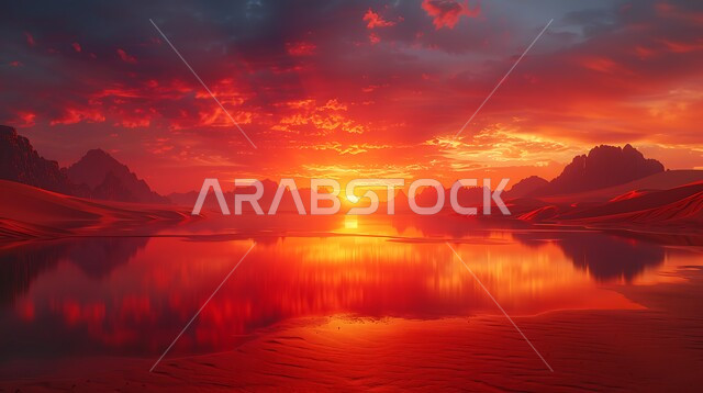Water lakes in desert areas, reflection of orange and red sunlight on the oasis waters, natural reserves in the Kingdom of Saudi Arabia, hills and soft sand dunes in the desert, view of clouds in the sky, nature background
