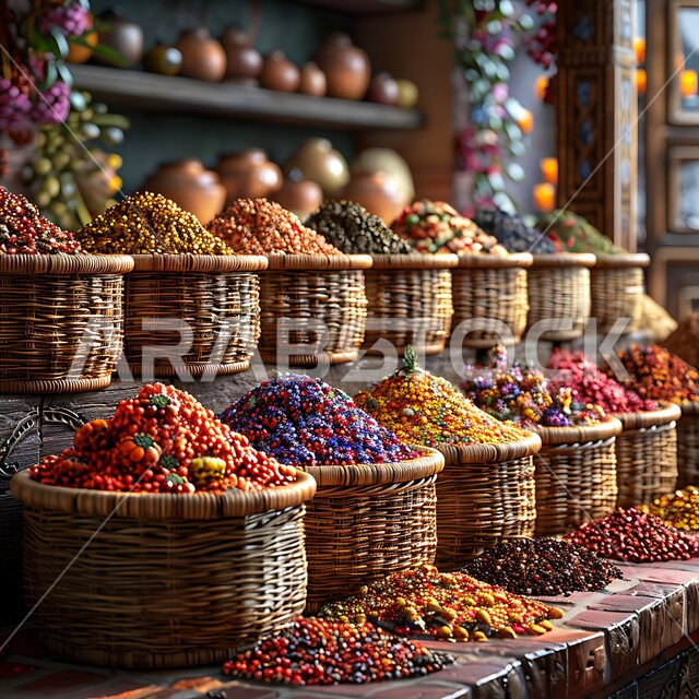 Racks for displaying colorful and diverse spices, popular traditional markets for selling spices and aromatics, natural flavorings and colorings for foods and foods, plants with health and medicinal benefits, local Saudi national agricultural products and crops.
