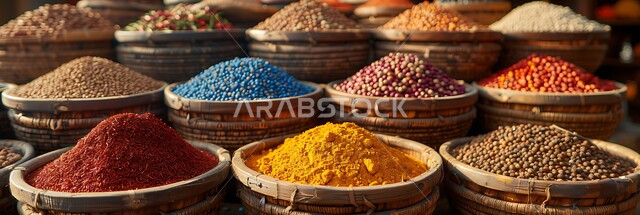 رفوف لعرض التوابل الملونة والمتنوعة، الاسواق التقليدية الشعبية لبيع البهارات والعطريات، منكهات وملونات طبيعية للمأكولات والأطعمة، نباتات ذات فوائد صحية وعلاجية، منتجات ومحاصيل زراعية وطنية محلية سعودية