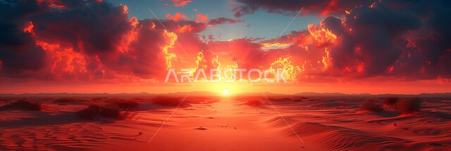 التضاريس و المرتفعات والقمم الجبلية في البراري، مناطق البادية والبيئة الطبيعية الصحراوية وقت غروب الشمس، التكوينات والتشكلات الرملية في صحراء المملكة العربية السعودية، الهضاب و التلال من الرمال الناعمة الذهبية، خلفية الطبيعة