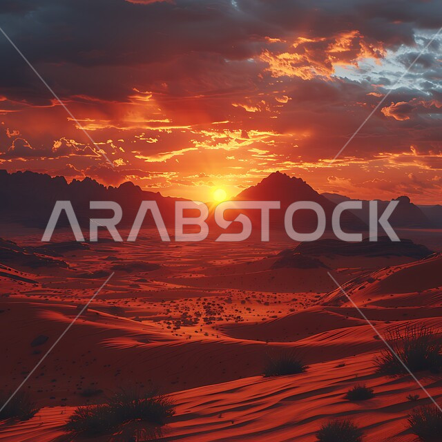 التضاريس و المرتفعات والقمم الجبلية في البراري، مناطق البادية والبيئة الطبيعية الصحراوية وقت غروب الشمس، التكوينات والتشكلات الرملية في صحراء المملكة العربية السعودية، الهضاب و التلال من الرمال الناعمة الذهبية، خلفية الطبيعة
