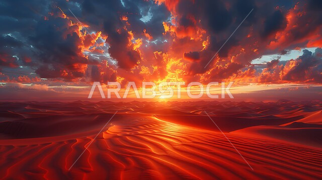 التضاريس و المرتفعات والقمم الجبلية في البراري، مناطق البادية والبيئة الطبيعية الصحراوية وقت غروب الشمس، التكوينات والتشكلات الرملية في صحراء المملكة العربية السعودية، الهضاب و التلال من الرمال الناعمة الذهبية، خلفية الطبيعة